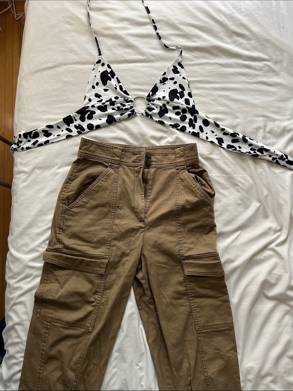High-Rise Cargo Joggers in Brown with halter top cow design women
